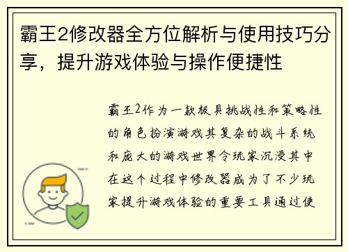 霸王2修改器全方位解析与使用技巧分享，提升游戏体验与操作便捷性